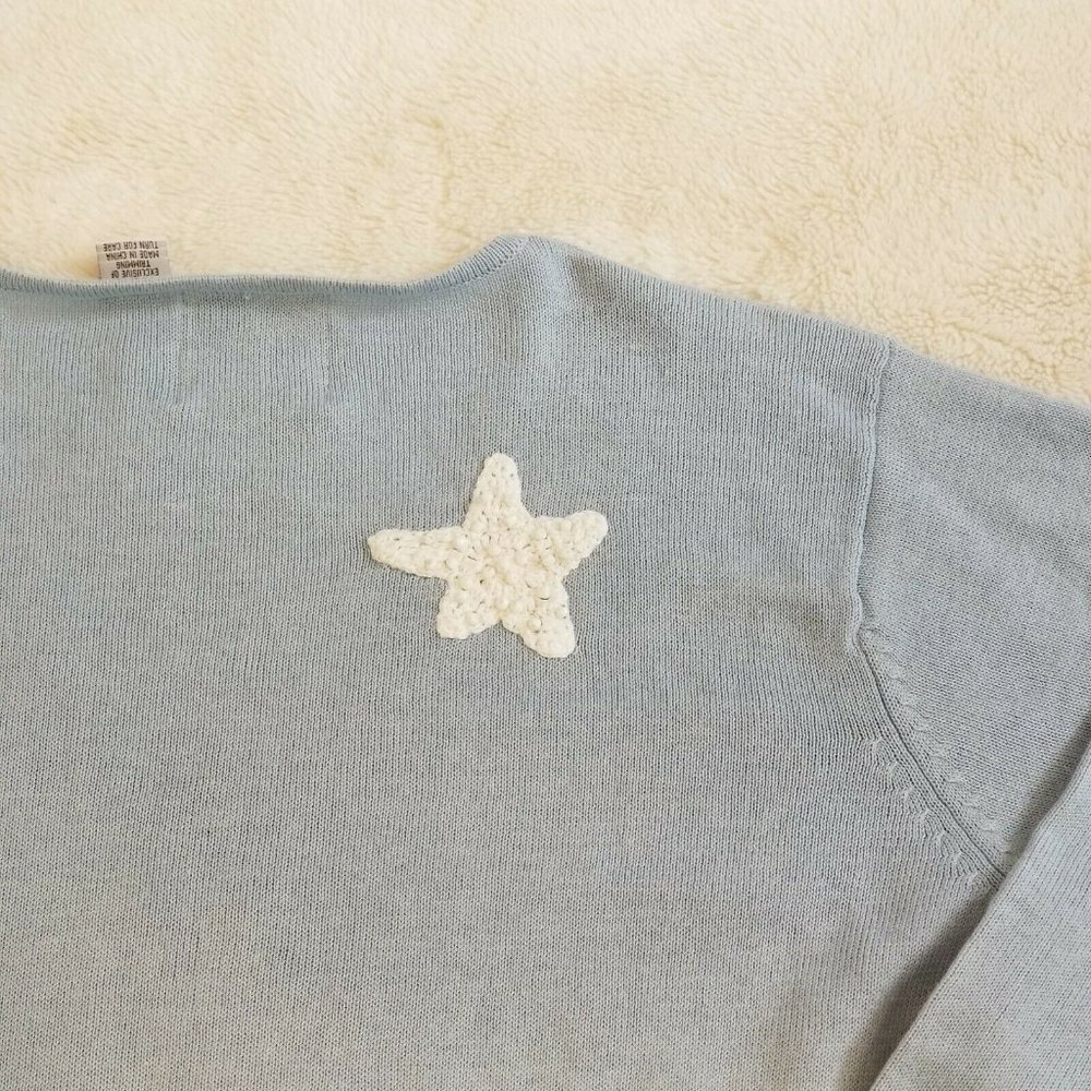 Vintage 90s Light Blue Cardigan Thin Full Zip Embellished Stars Nautical Sz L - Picture 3 of 10